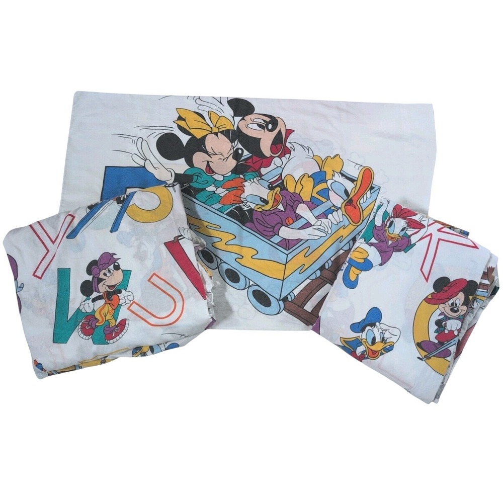 Vintage 90's 3 Piece Pacific Walt Disney Mickey Minnie Alphabet Twin Sheet Set